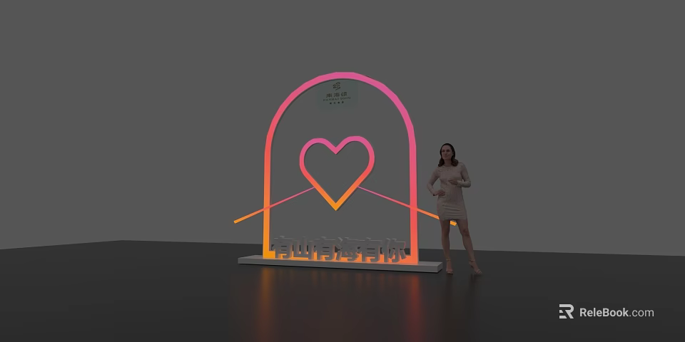 Woman Posing Next to Romantic Arch Landmark With Heart Neon Light 3d model 