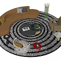 Curved Brown Sofa And Round Coffee Table Set With Throw Pillows And Area Rug 3d model