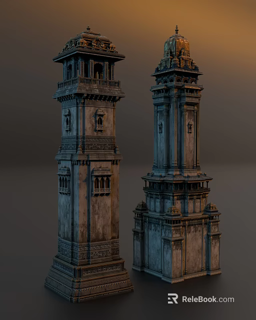 Ancient Twin Stone Towers Featuring Intricate Carved Details And Weathered Exterior 3d model 