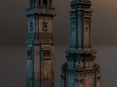 Ancient Twin Stone Towers Featuring Intricate Carved Details And Weathered Exterior 3d model