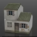 Vintage Weathered 3D Rural Cottage Model With Green Tile Roof And Old Wooden Window Shutters
