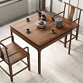 Solid Wood Tea Table And Chairs With Chinese Style Interior And Tea Set On Tabletop 3d model