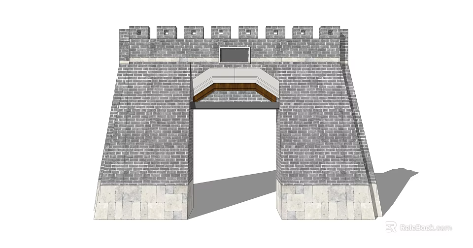 Traditional Ancient Architecture With Stone Brick Walls Battlements Arched Gateway And Stone Base 3d model 