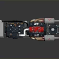 Industrial Equipment Engine Unit With Red Control Panel White Pipes Cables And Warning Sign