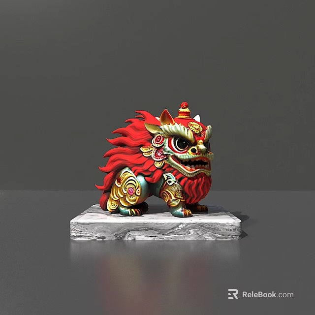 Colorful Lion Decorative Ornament Figurine With Red Mane And Marble Base 3d model 