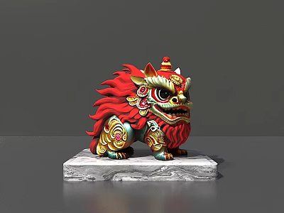 Colorful Lion Decorative Ornament Figurine With Red Mane And Marble Base 3d model