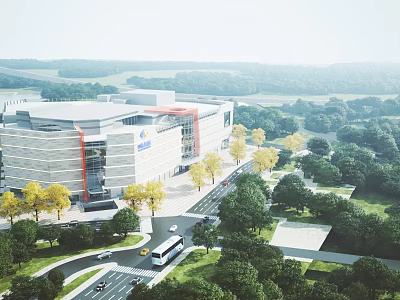 Aerial Planning of Modern Commercial Complex With Surrounding Greenery Trees Roads and Vehicles 3d model