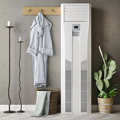 White Air Cooler In Cozy Indoor Corner With Gray Bathrobe Candle Holder And Cactus Plant 3d model
