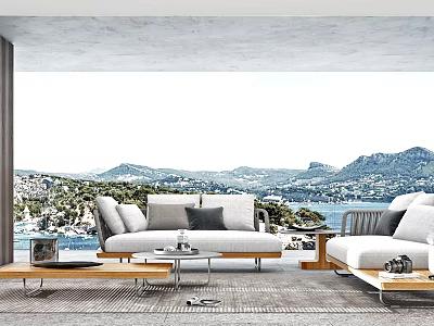 Modern Living Room Interior With Cozy Sofa Coffee Table And Scenic Mountain Water View 3d model