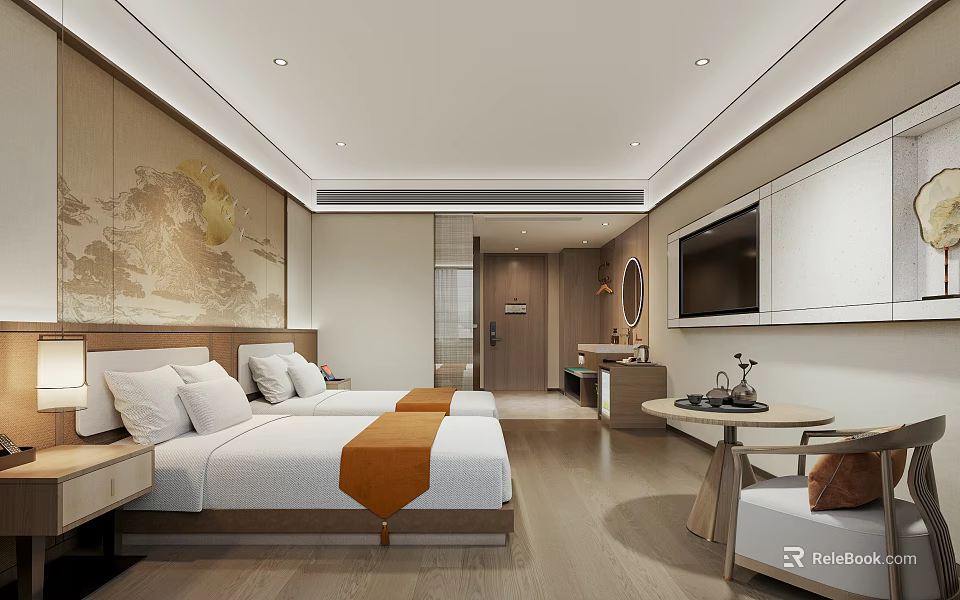 Hotel Room With Twin Beds Orange Bed Runners Golden Floral Wall Wooden Flooring And TV 3d model 