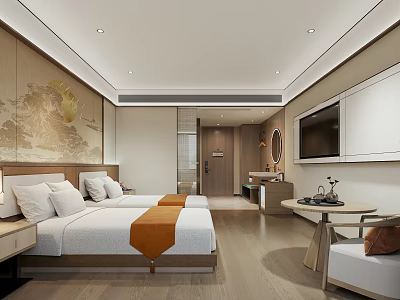 Hotel Room With Twin Beds Orange Bed Runners Golden Floral Wall Wooden Flooring And TV 3d model