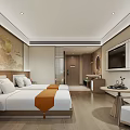 Hotel Room With Twin Beds Orange Bed Runners Golden Floral Wall Wooden Flooring And TV