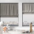 Gray and Brown Roller Curtains in Modern Interior Room with City View and Decorative Plants