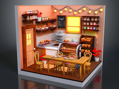 Cozy Bakery Interior With Wooden Tables Bread Display Chalkboard Menu String Lights And Shelves Jars 3d model