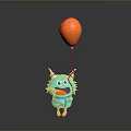 Game Movie Character Blue Little Monster With Horns Holding Orange Balloon Cheerful Expression