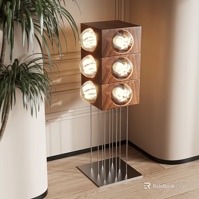 Modern Floor Lamp with Wooden Frame Multiple Circular Lights Metal Base and Green Plant Beside 3d model 