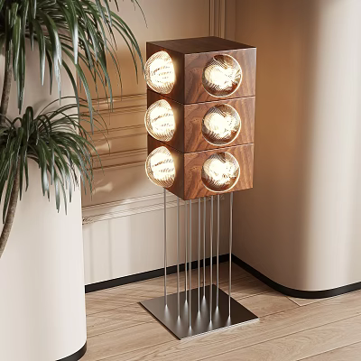 Modern Floor Lamp with Wooden Frame Multiple Circular Lights Metal Base and Green Plant Beside 3d model