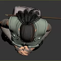 Ninja Style Character With Black Long Hair Green Vest Arm Bandages And Long Staff