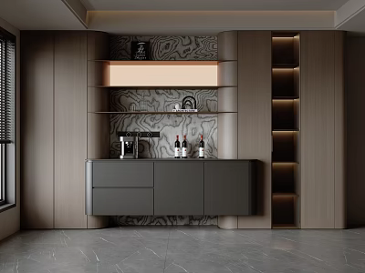 Modern Gray Sideboard Design With Open Shelves And Wine Bottles On Textured Backdrop 3d model