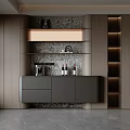 Modern Gray Sideboard Design With Open Shelves And Wine Bottles On Textured Backdrop