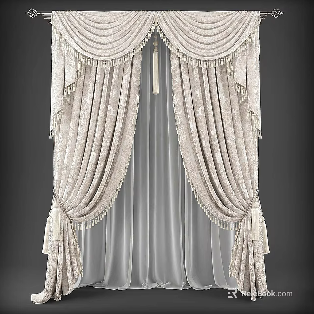 Elegant Light Colored Curtains With Fringes And Sheer Inner Layer Design 3d model 
