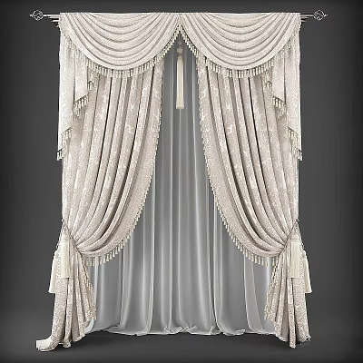 Elegant Light Colored Curtains With Fringes And Sheer Inner Layer Design 3d model