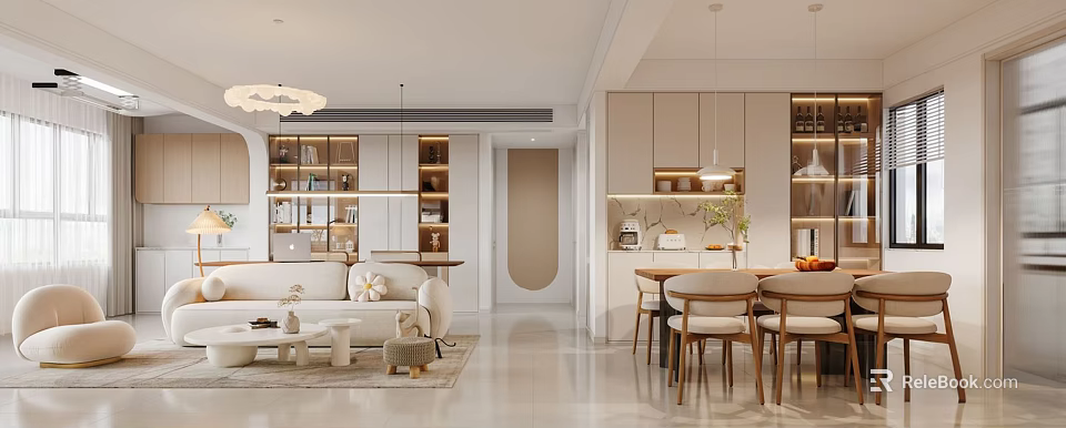 Modern Open Living Dining Room Interior Design With Sofa Dining Table And Pendant Lights 3d model 