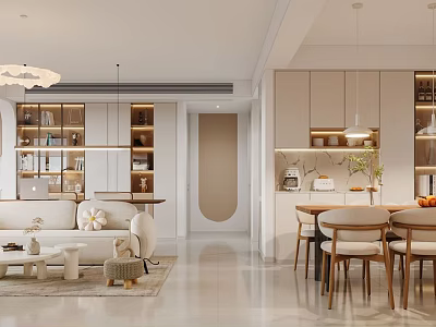 Modern Open Living Dining Room Interior Design With Sofa Dining Table And Pendant Lights 3d model