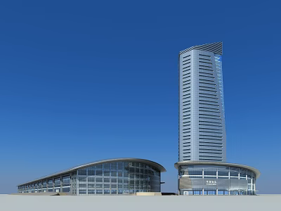 Modern Urban Architecture With Tall Glass Tower And Curved Low Rise Building Under Blue Sky 3d model