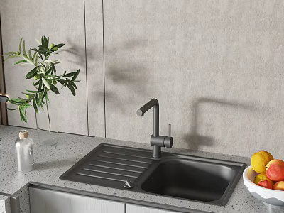 Sleek Black Kitchen Sink with Faucet on Gray Countertop Green Plant and Fruit Bowl 3d model