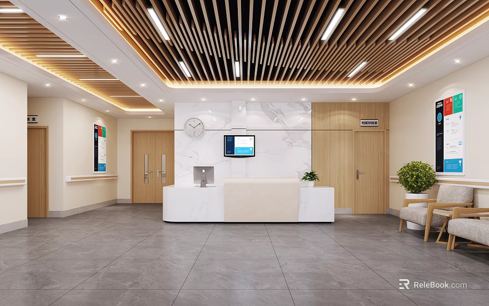 Hospital Outpatient Lobby with Reception Desk Marble Wall Wooden Ceiling Clock TV Plants Chairs 3d model 
