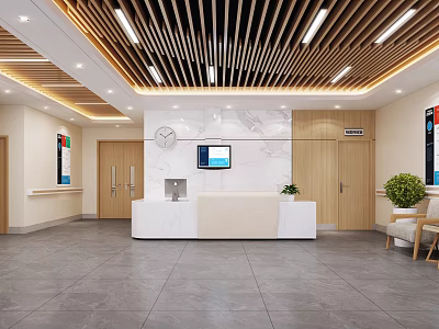 Hospital Outpatient Lobby with Reception Desk Marble Wall Wooden Ceiling Clock TV Plants Chairs 3d model