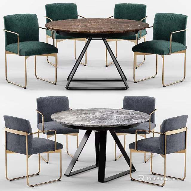 Modern Round Table And Chair Set With Marble Top Metal Legs Green Gray Upholstered Chairs 3d model 