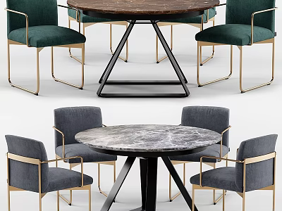 Modern Round Table And Chair Set With Marble Top Metal Legs Green Gray Upholstered Chairs 3d model