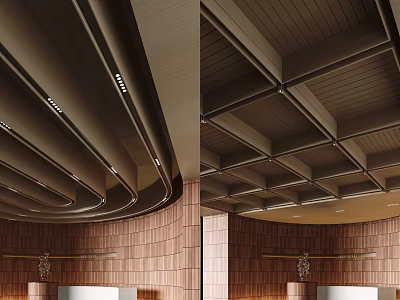 Modern Ceiling Design with Wooden Panels Curved Lines Grid Structure and Recessed Lighting 3d model