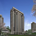 Modern High Rise Residential Building With Balconies Windows And Cherry Blossom Trees