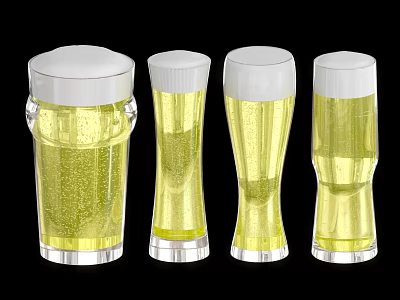 Four Glasses of Yellow Carbonated Beverage with White Foam and Different Shapes 3d model