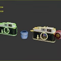 Two Retro Digital Cameras Display With Vintage Design And Removable Lens Accessory 3d model