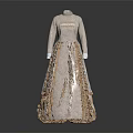 Vintage High Neck Long Sleeve Beige Dress With Ruffled Trim And Jacquard Fabric