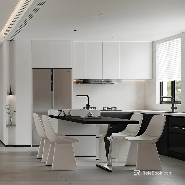 Modern Restaurant Kitchen With White Cabinets Black Countertop Island Stainless Steel Refrigerator And White Chairs 3d model 