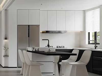 Modern Restaurant Kitchen With White Cabinets Black Countertop Island Stainless Steel Refrigerator And White Chairs 3d model