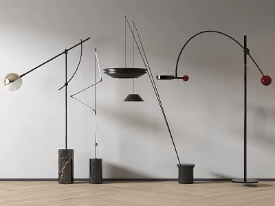 Stylish Modern Floor Lamps With Arching Structures Black Bases And Red Accents 3d model