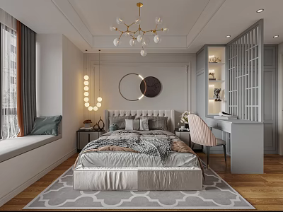 Modern Elegant Bedroom Interior with Gold Chandelier Window Seat Geometric Rug Lattice Partition Desk Chair 3d model