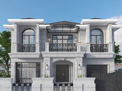 European Style Detached Villa Exterior With White Facade Arched Windows And Black Railings 3d model