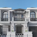 European Style Detached Villa Exterior With White Facade Arched Windows And Black Railings