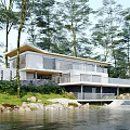 Modern Detached Villa With Glass Facade And Waterfront Location Among Trees