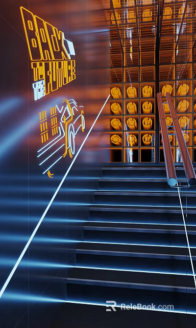 Industrial Style Metal Staircase With Orange Storage Lockers And Blue Neon Accents 3d model 