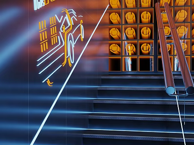 Industrial Style Metal Staircase With Orange Storage Lockers And Blue Neon Accents 3d model