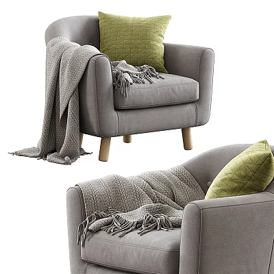 Gray Accent Chair With Green Pillow Gray Blanket And Wooden Legs 3d model