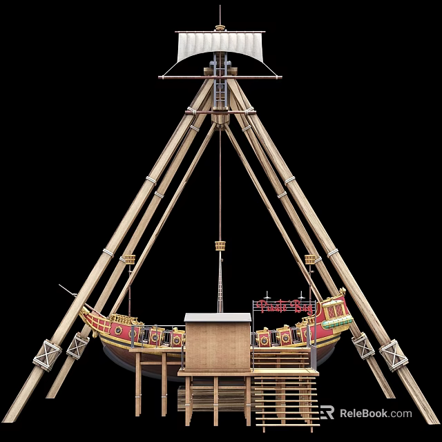 Ancient Wooden Architectural Component With Triangular Frame And Hoisting Rope System 3d model 